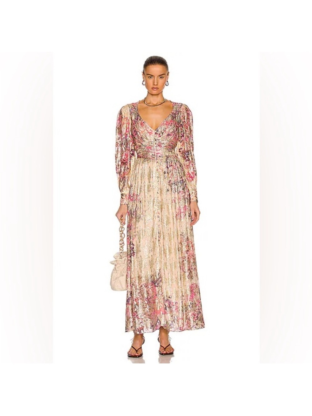 HEMANT & NANDITA Pink and Cream Floral V-Neck Maxi Dress